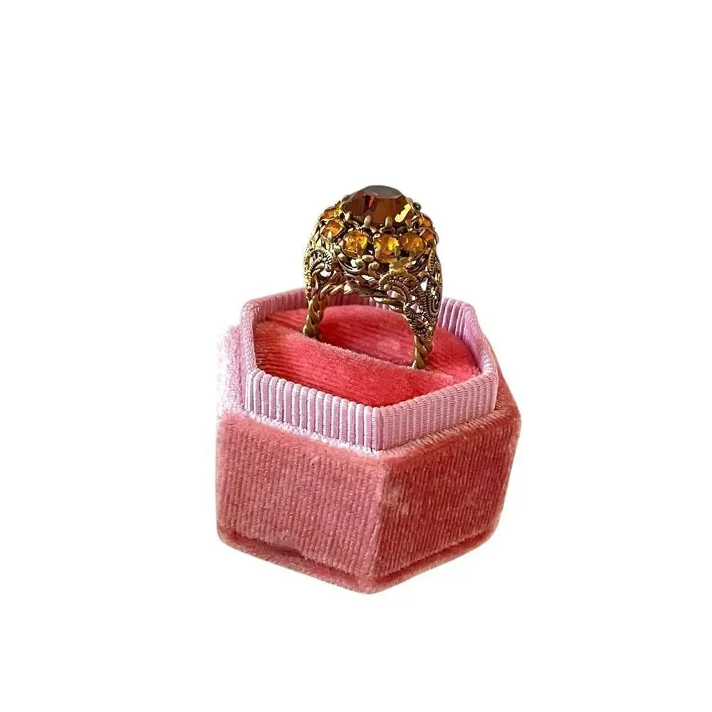 Vintage West Germany Amber Glass Brass Filigree Cocktail Ring